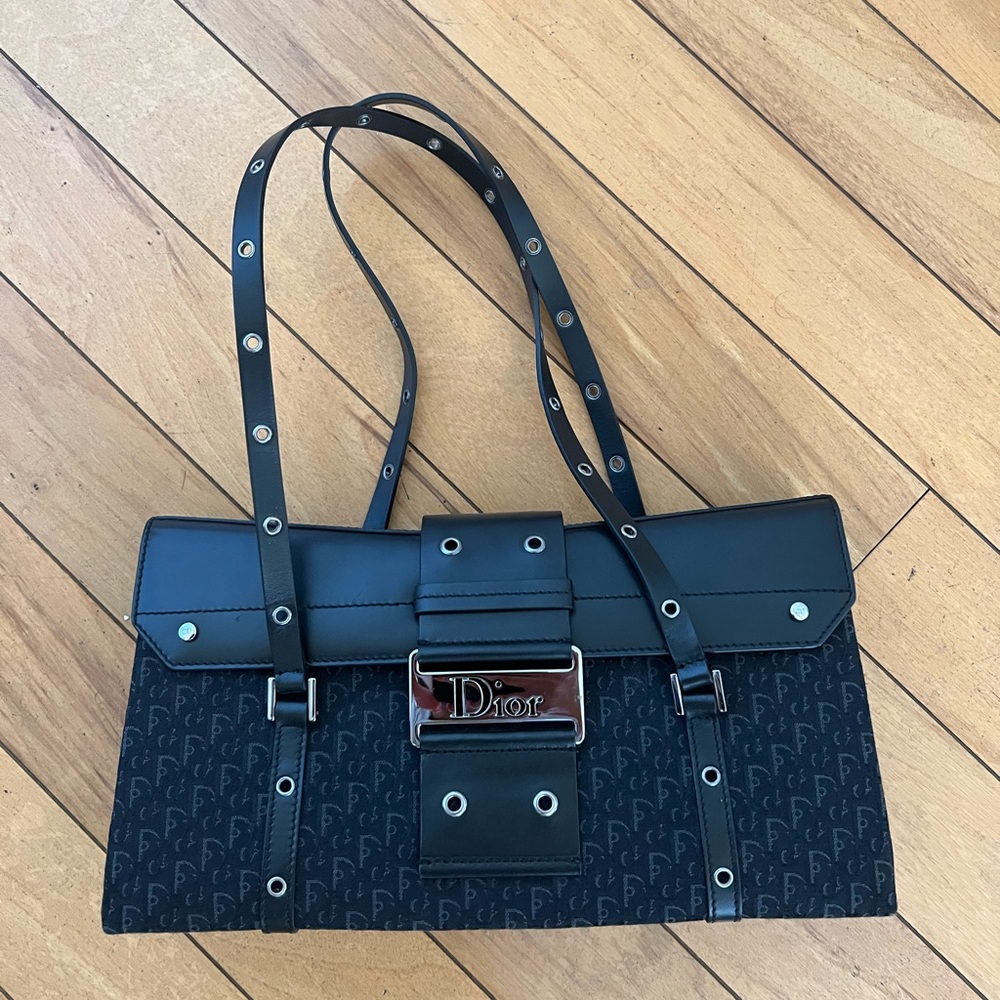 Authentic Christian Dior black leather and canvas handbag/shoulder bag Like New